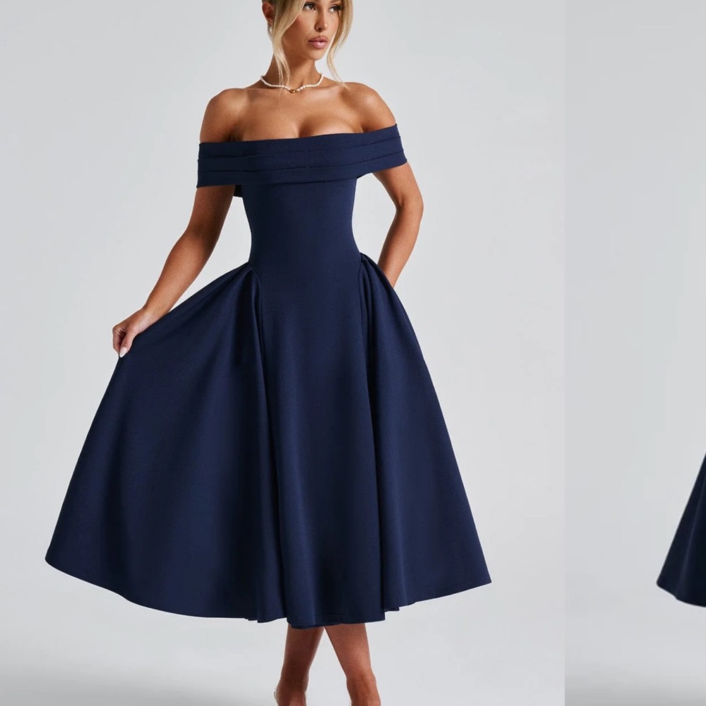 Blue Pleated Off-Shoulder A-Line Dress